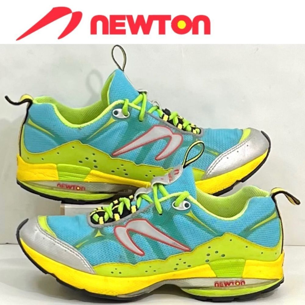 Newton Vibrant Blue and Neon Yellow Sneakers with bright green laces; Size 6